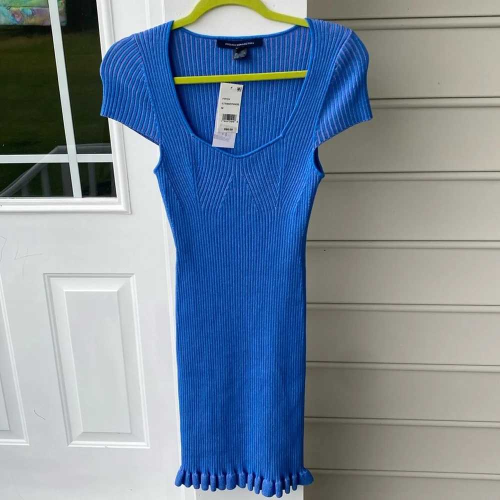 French Connection blue & pink Mathilda Ribbed capped sleeve Mini dress med NWT - Picture 4 of 9